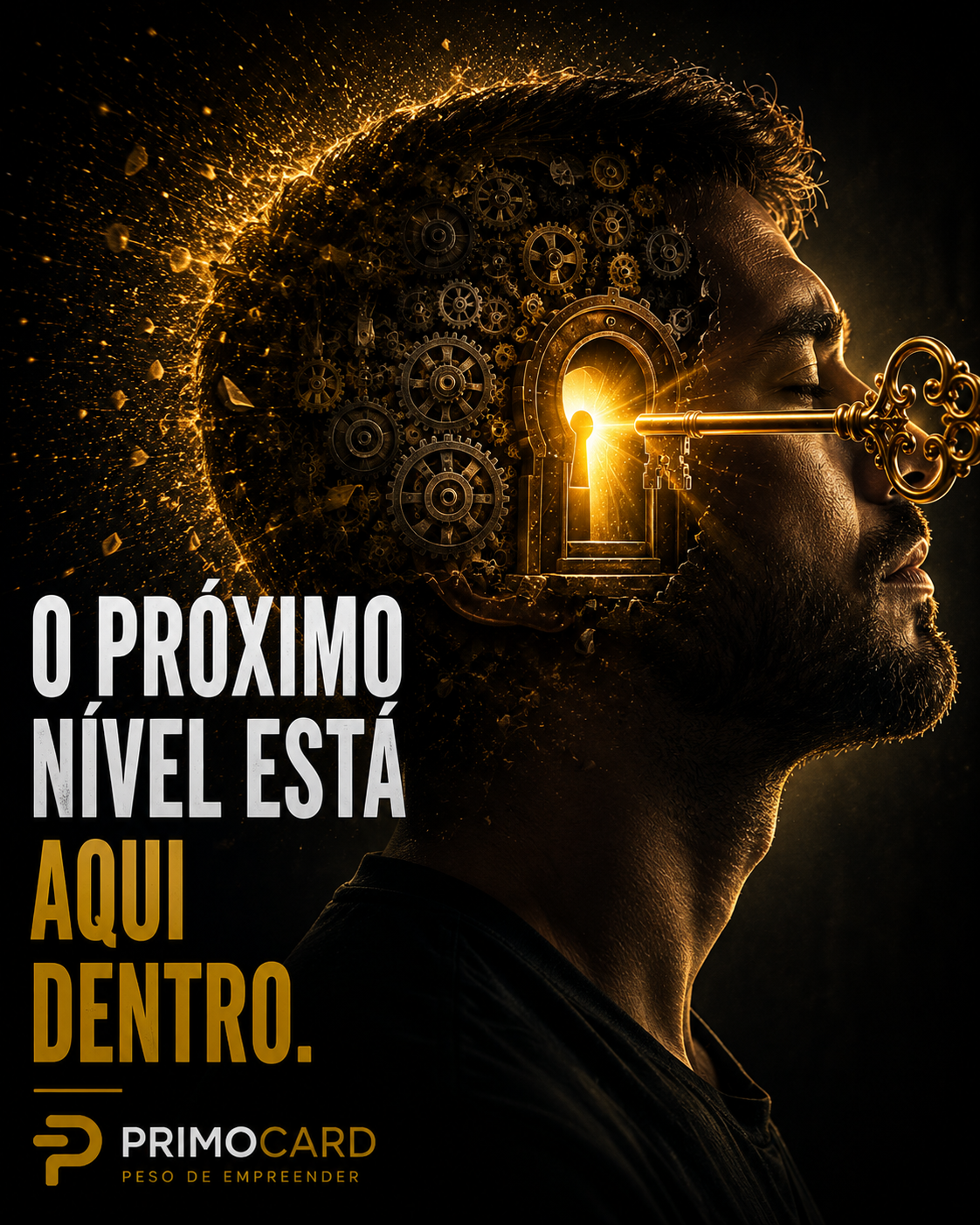 Perfil de empresário com engrenagens e chave simbolizando expansão mental.