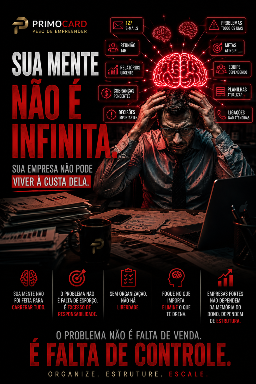 Empresário sobrecarregado cercado por tarefas e responsabilidades.