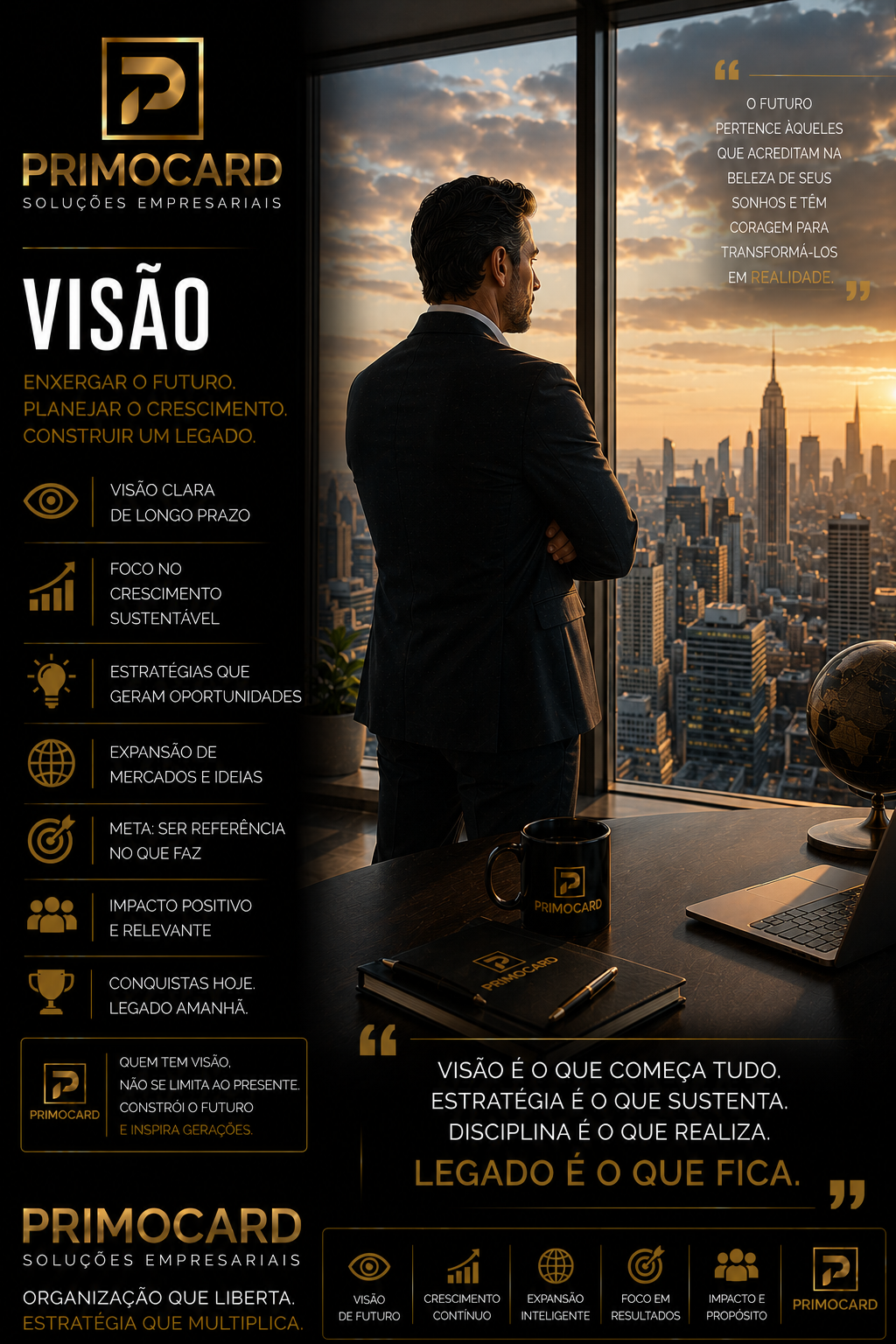 Empresário observando a cidade do alto simbolizando visão de longo prazo.