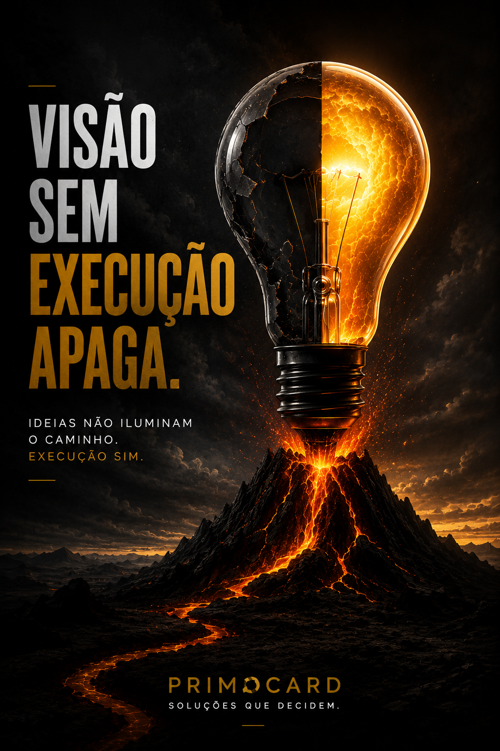 Lâmpada parcialmente iluminada sobre montanha vulcânica simbolizando visão e execução.