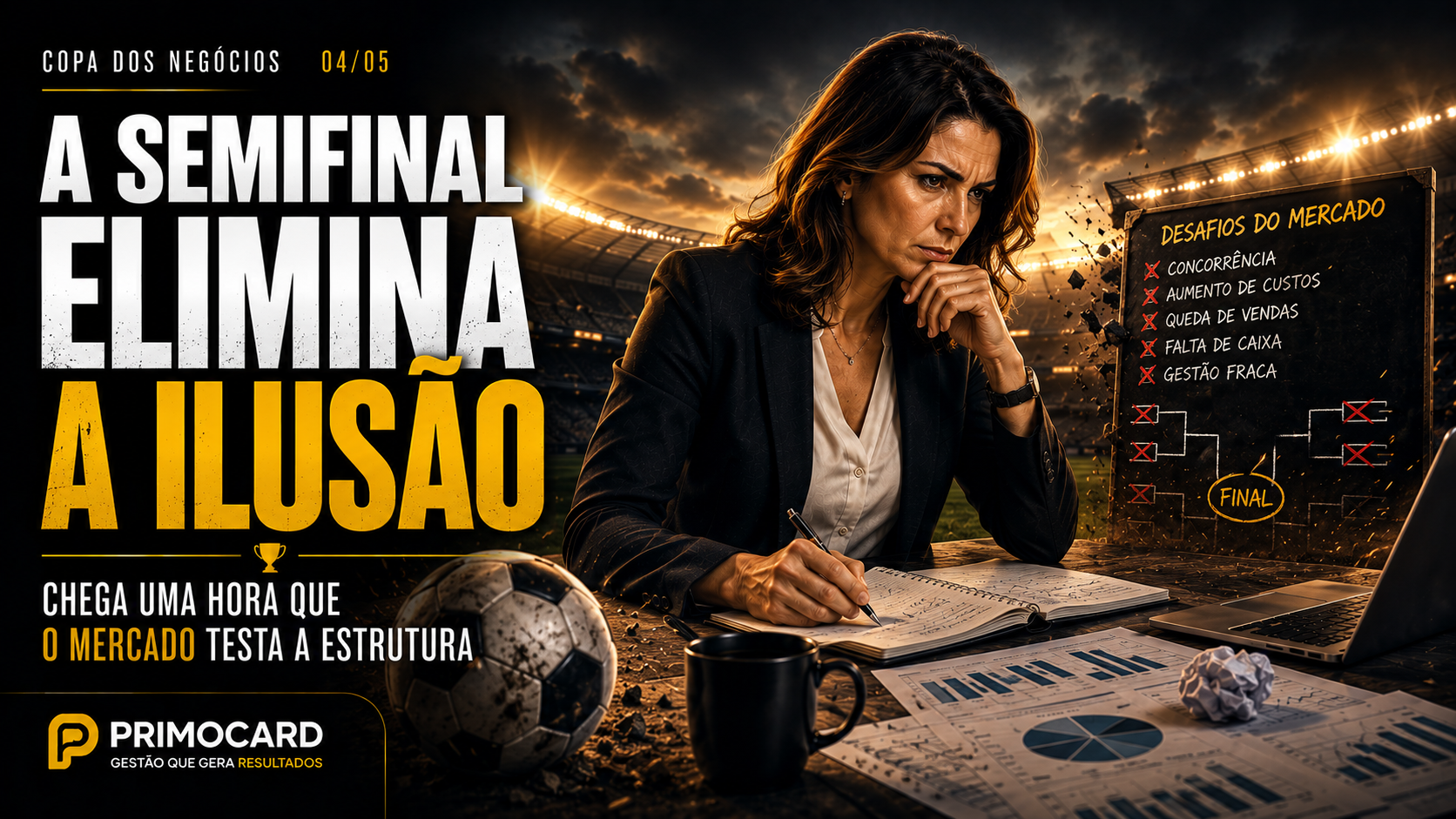 Empresaria enfrentando desafios empresariais enquanto analisa problemas de estrutura e gestao.