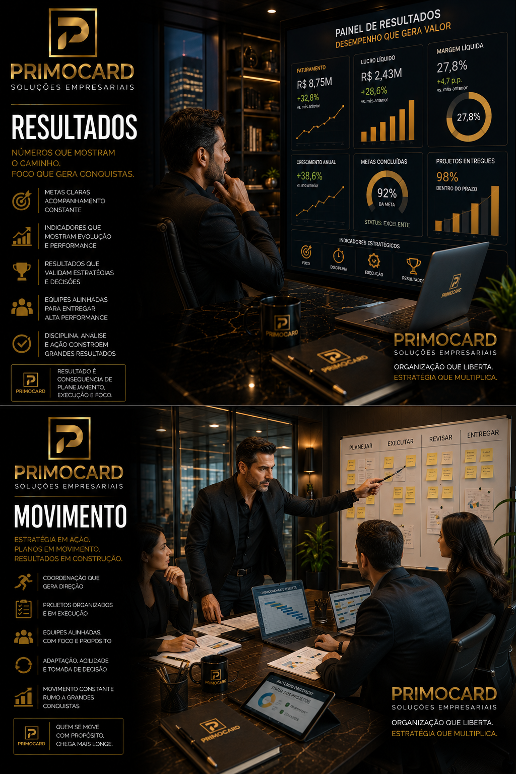 Empresário analisando painel de indicadores de desempenho.