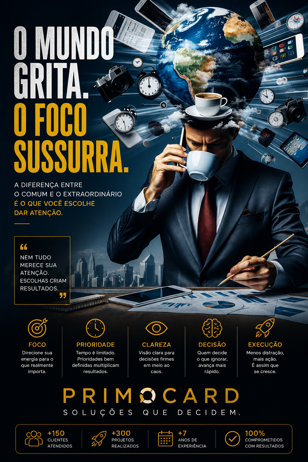 Empresário cercado por distrações digitais enquanto mantém atenção em indicadores e planejamento.