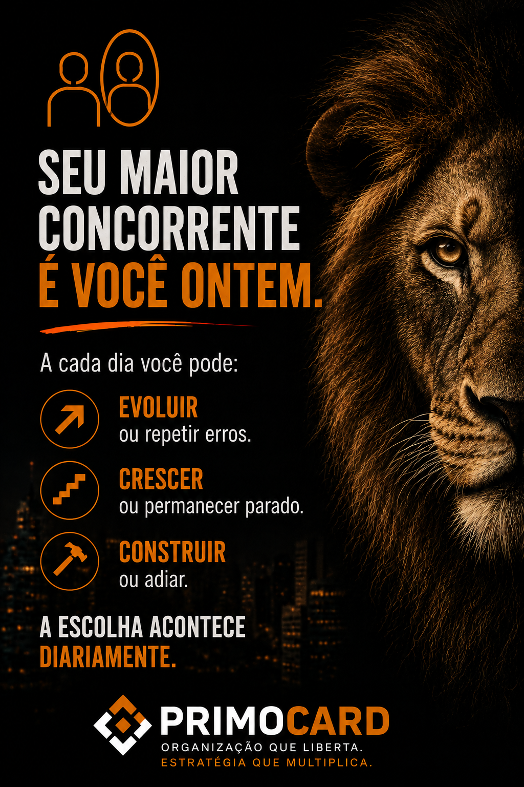 Leão representando força e evolução constante nos negócios.
