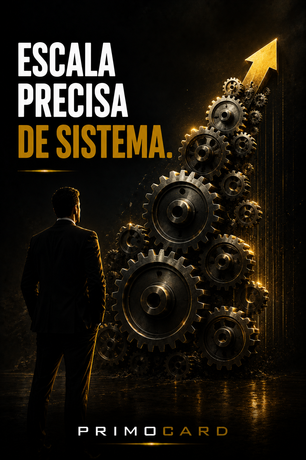 Engrenagens formando uma seta para cima simbolizando crescimento estruturado.