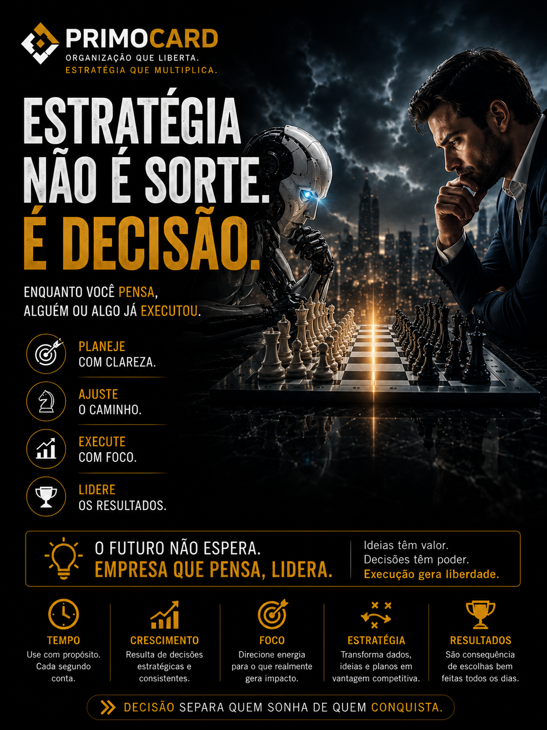 Empresário e inteligência artificial analisando um tabuleiro de xadrez.