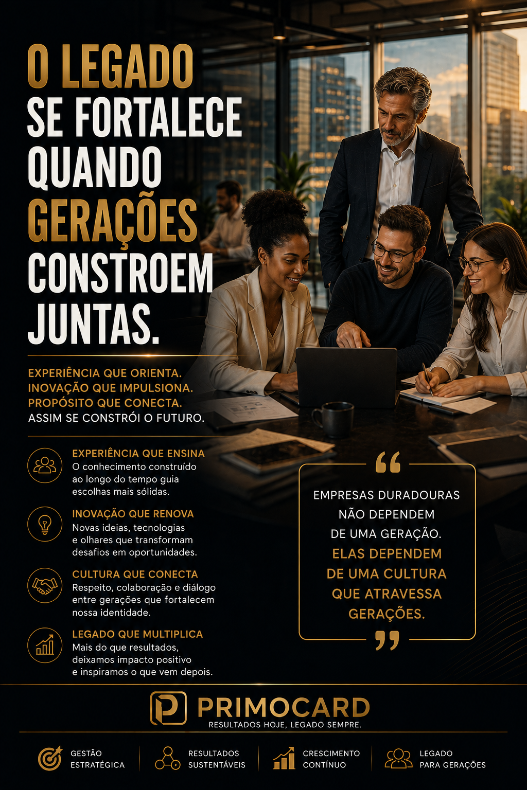 Equipe corporativa reunida discutindo estratégias e sucessão empresarial.