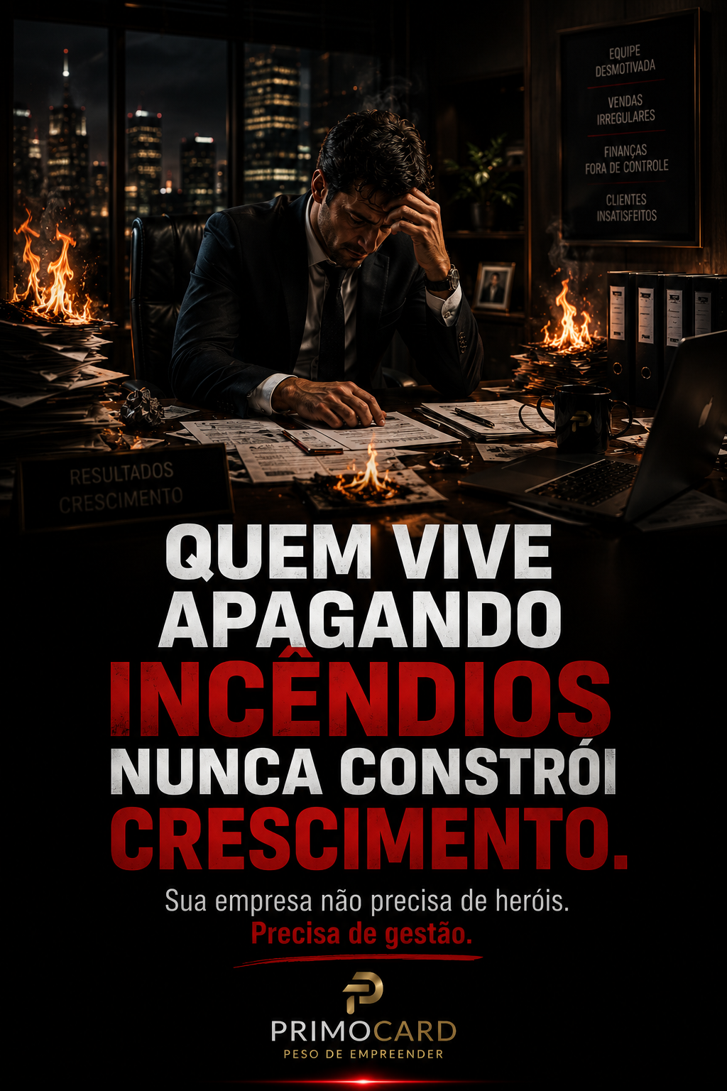 Empresário cercado por problemas operacionais e incêndios simbólicos.