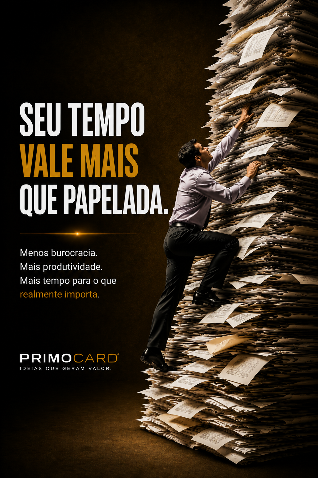 Empresário escalando uma enorme pilha de documentos.