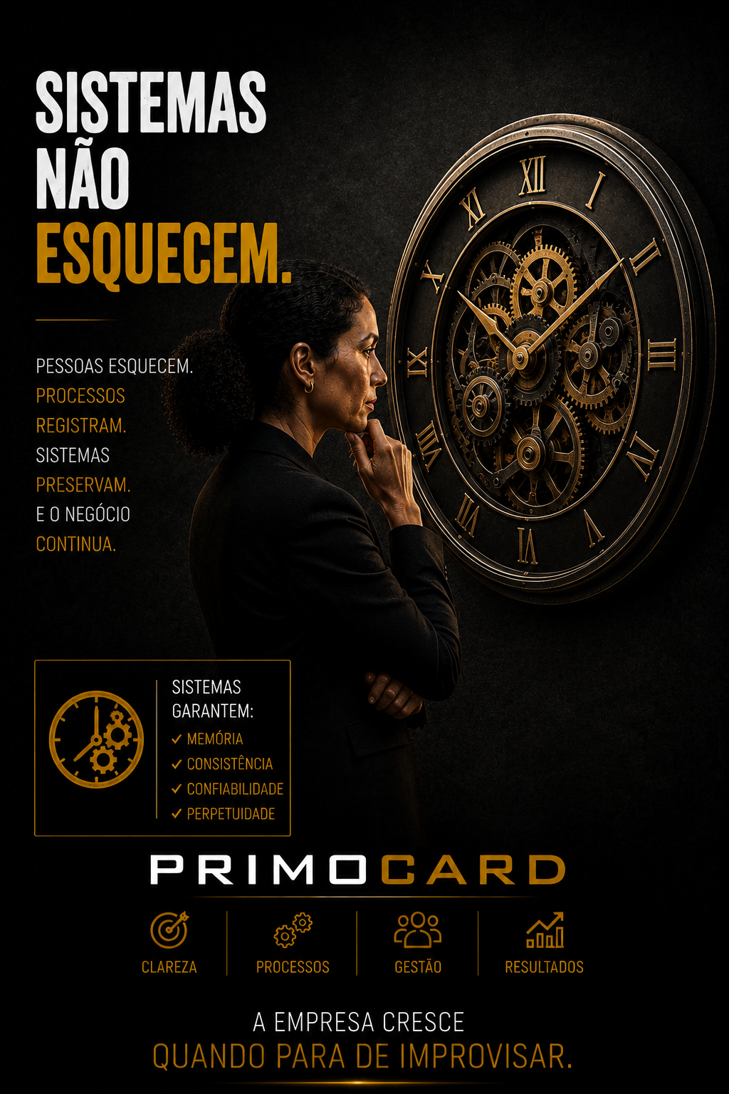 Executiva observando um relógio mecânico representando processos e sistemas.