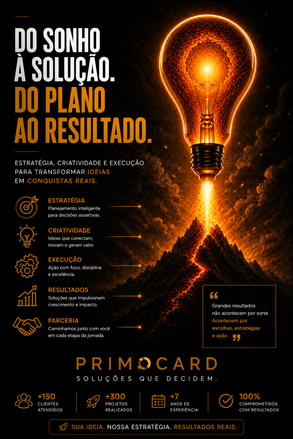 Lâmpada iluminando uma montanha simbolizando a transformação de ideias em resultados.