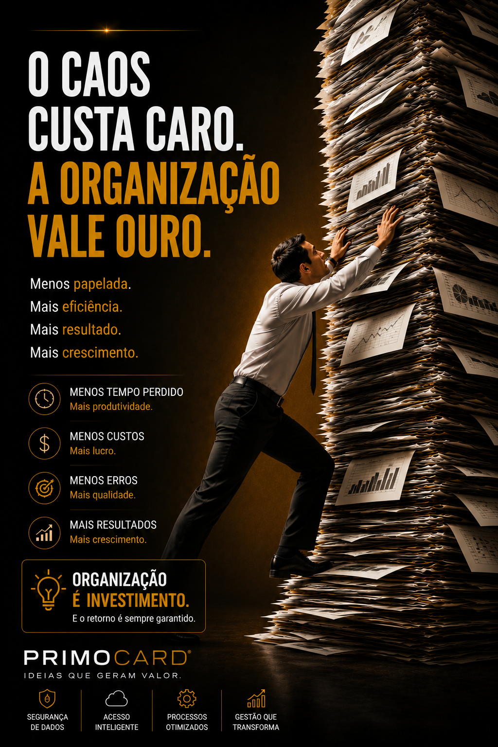 Pilhas de documentos representando desorganização operacional.