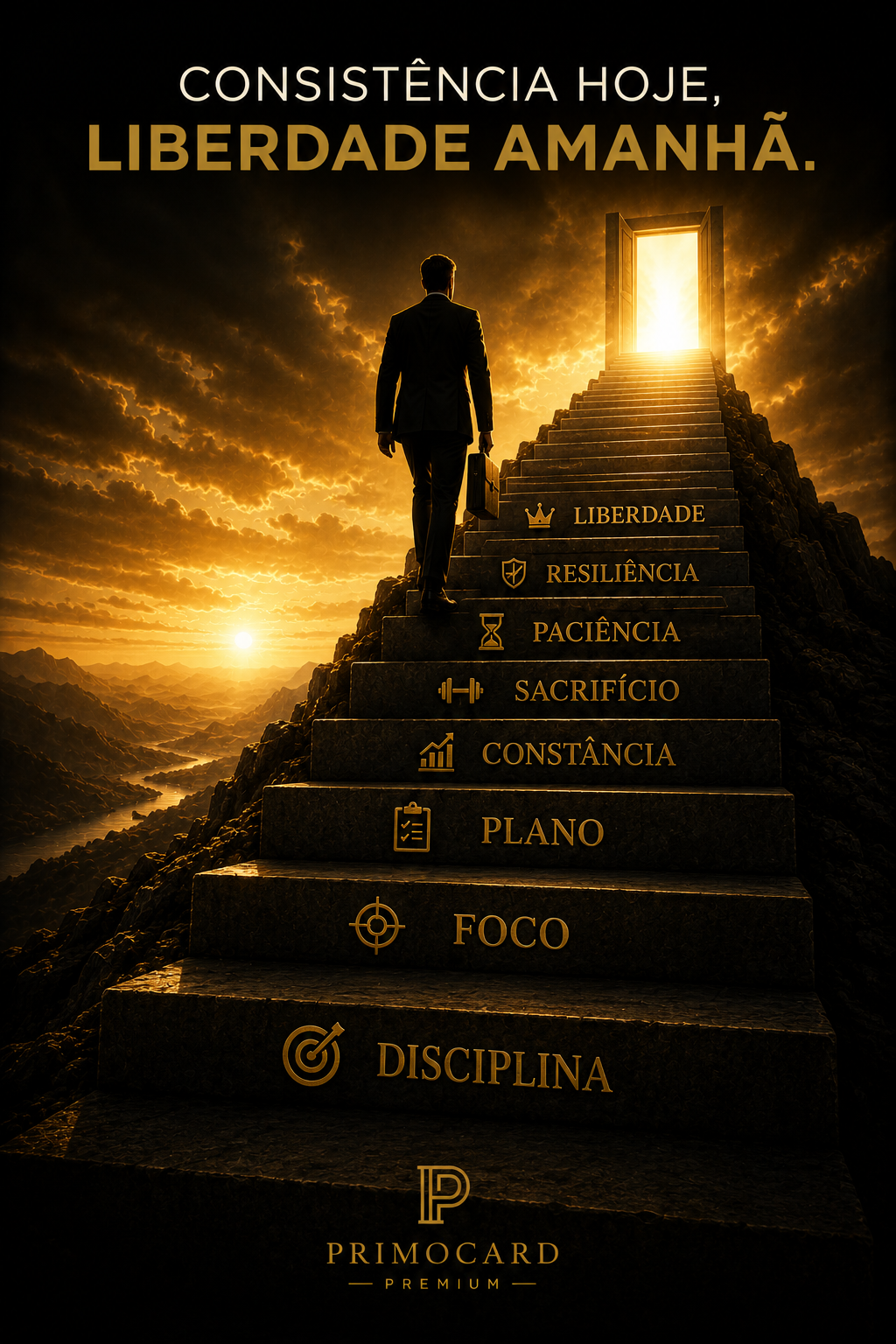 Empresário subindo escadas rumo à liberdade simbolizando crescimento e disciplina.