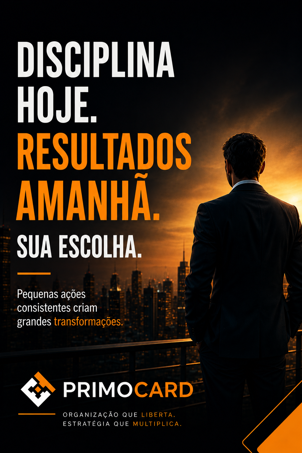 Executivo observando a cidade representando foco e disciplina.