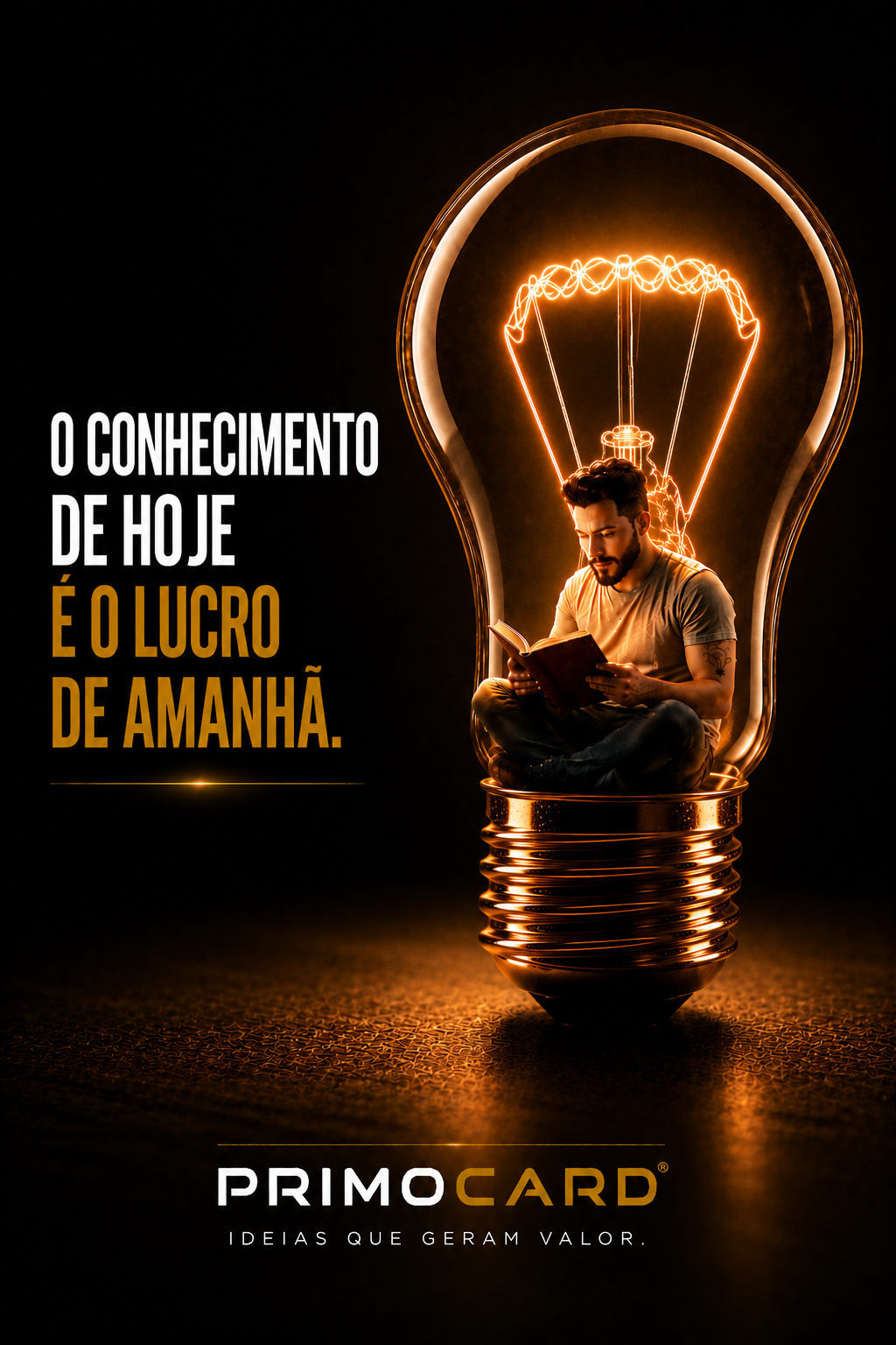 Pessoa lendo dentro de uma lâmpada iluminada.
