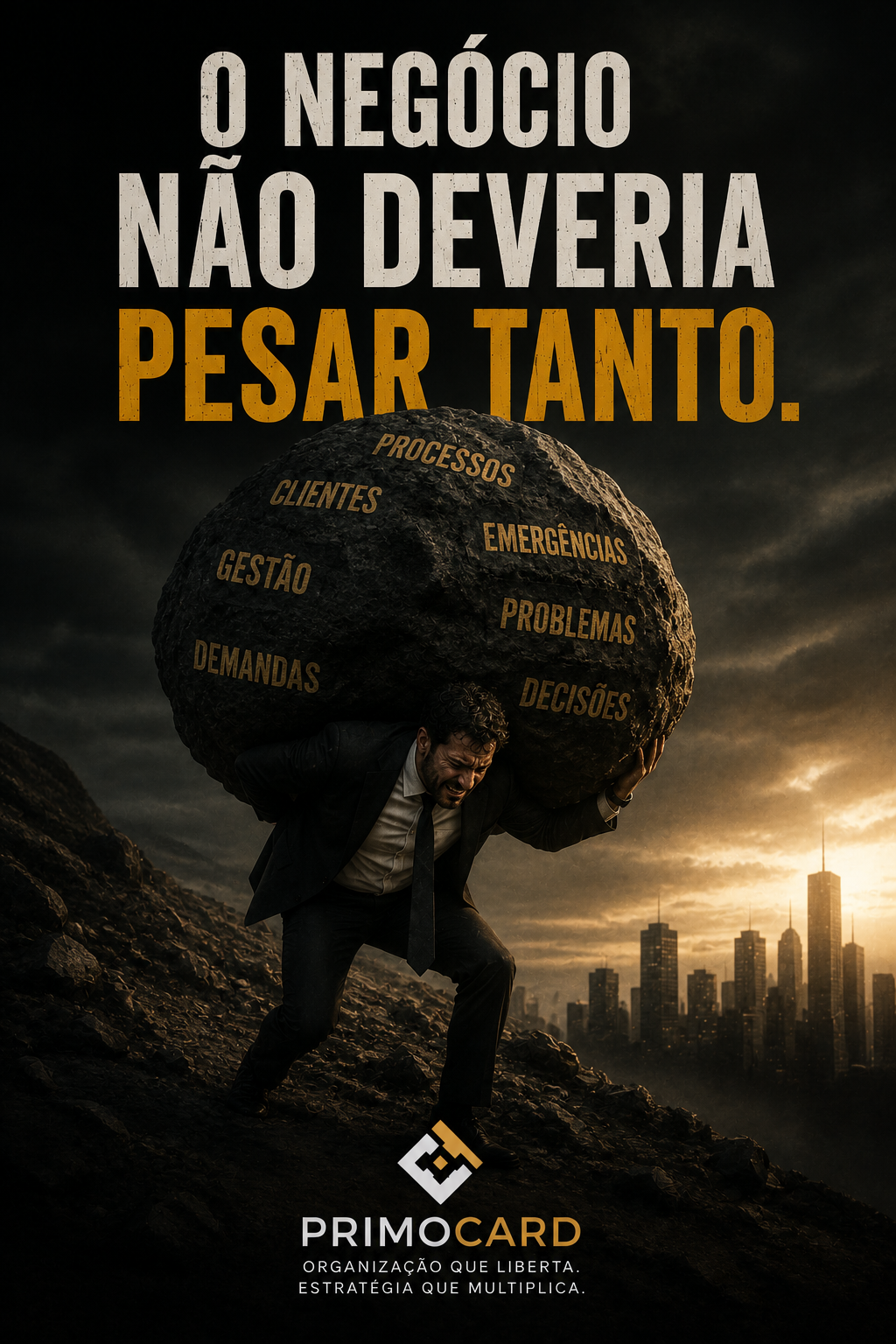 : Empresário carregando enorme peso representando responsabilidades empresariais.