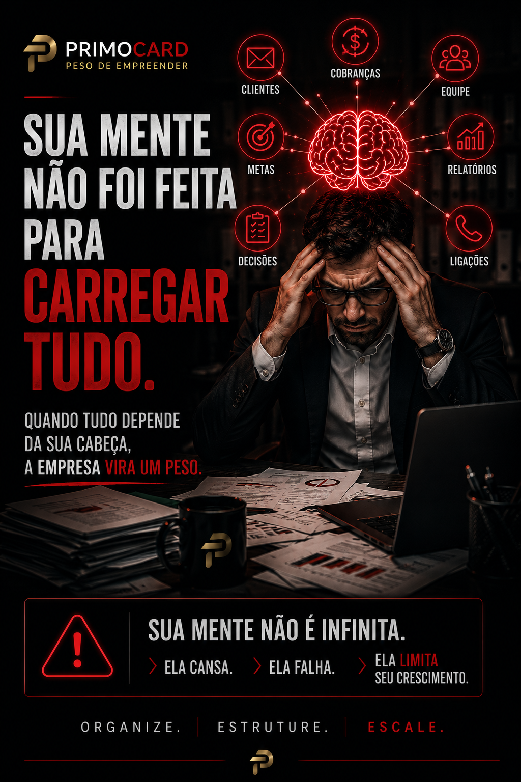Empresário sobrecarregado cercado por demandas operacionais.