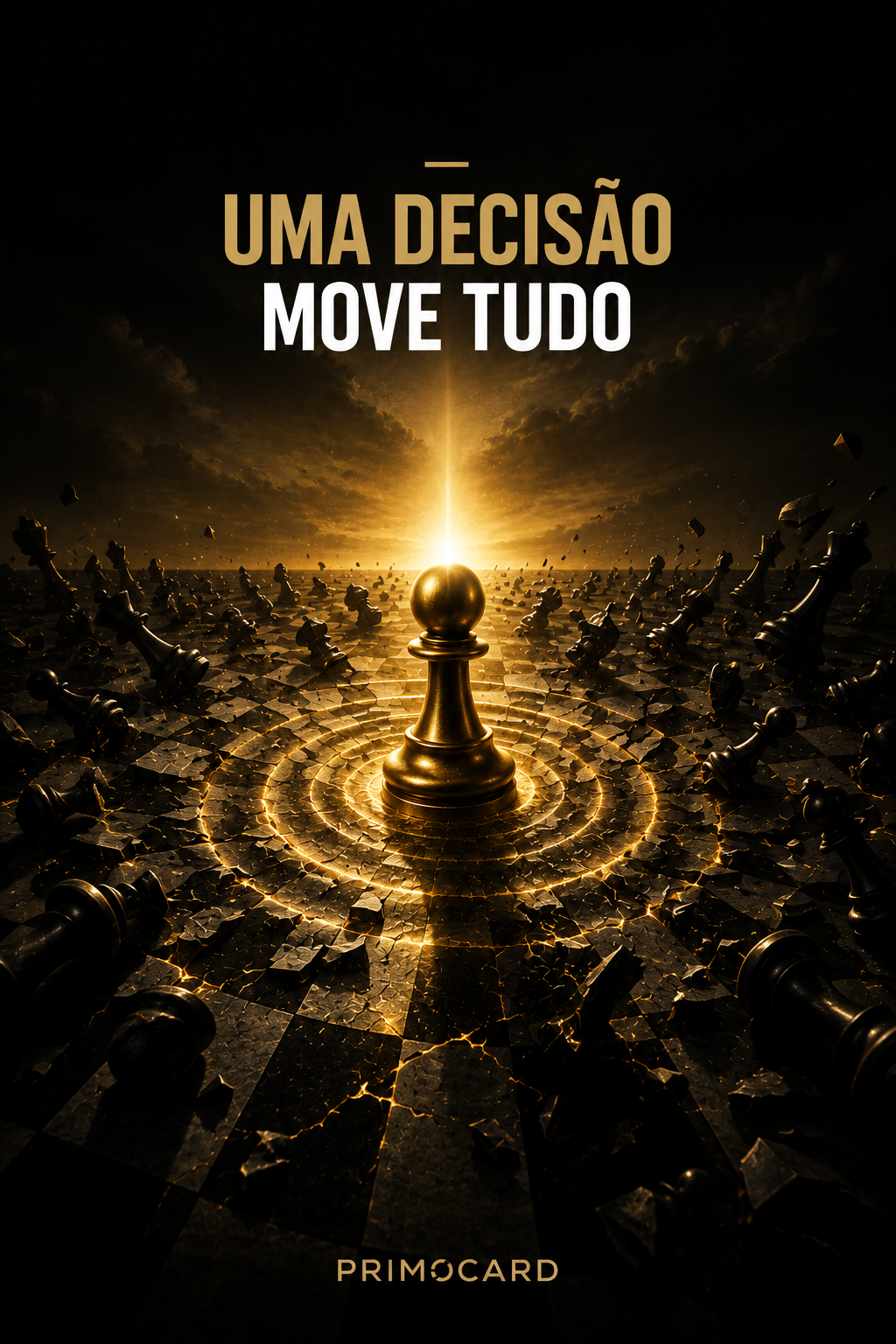 Peça de xadrez dourada iluminando todo o tabuleiro simbolizando uma decisão estratégica.