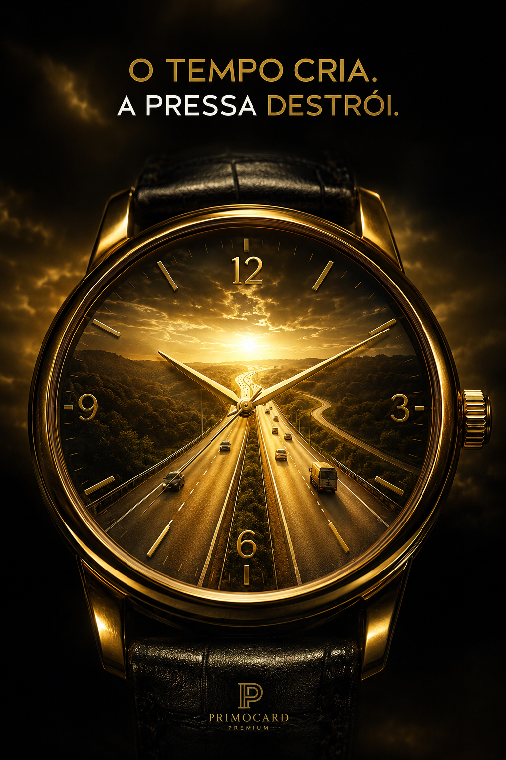 Relógio dourado mostrando uma estrada representando o tempo e o crescimento.