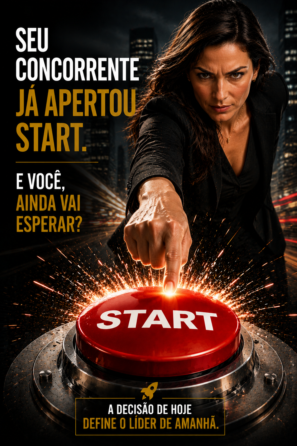 Empresária apertando um grande botão vermelho de START.