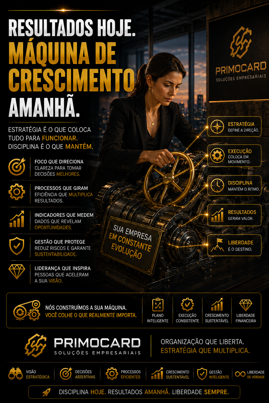 Empresária operando uma máquina que simboliza crescimento empresarial.