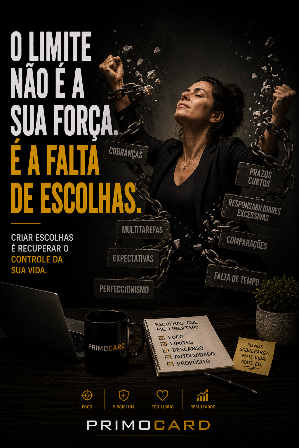 Mulher rompendo correntes simbolizando liberdade através das escolhas.