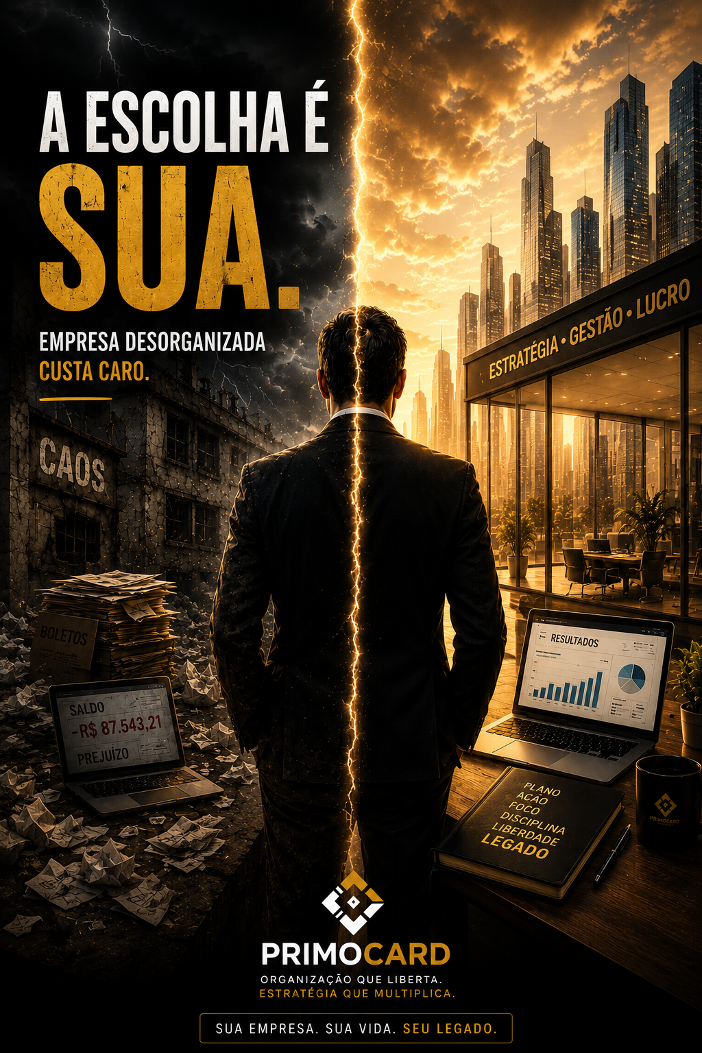 Empresário entre dois cenários opostos representando caos e crescimento empresarial.