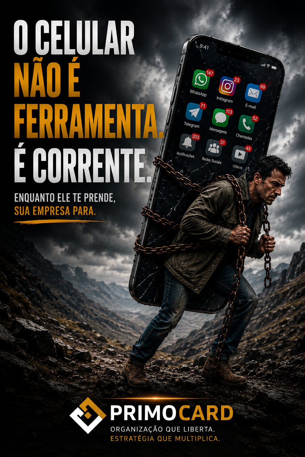 Homem carregando um celular gigante representando dependência digital.