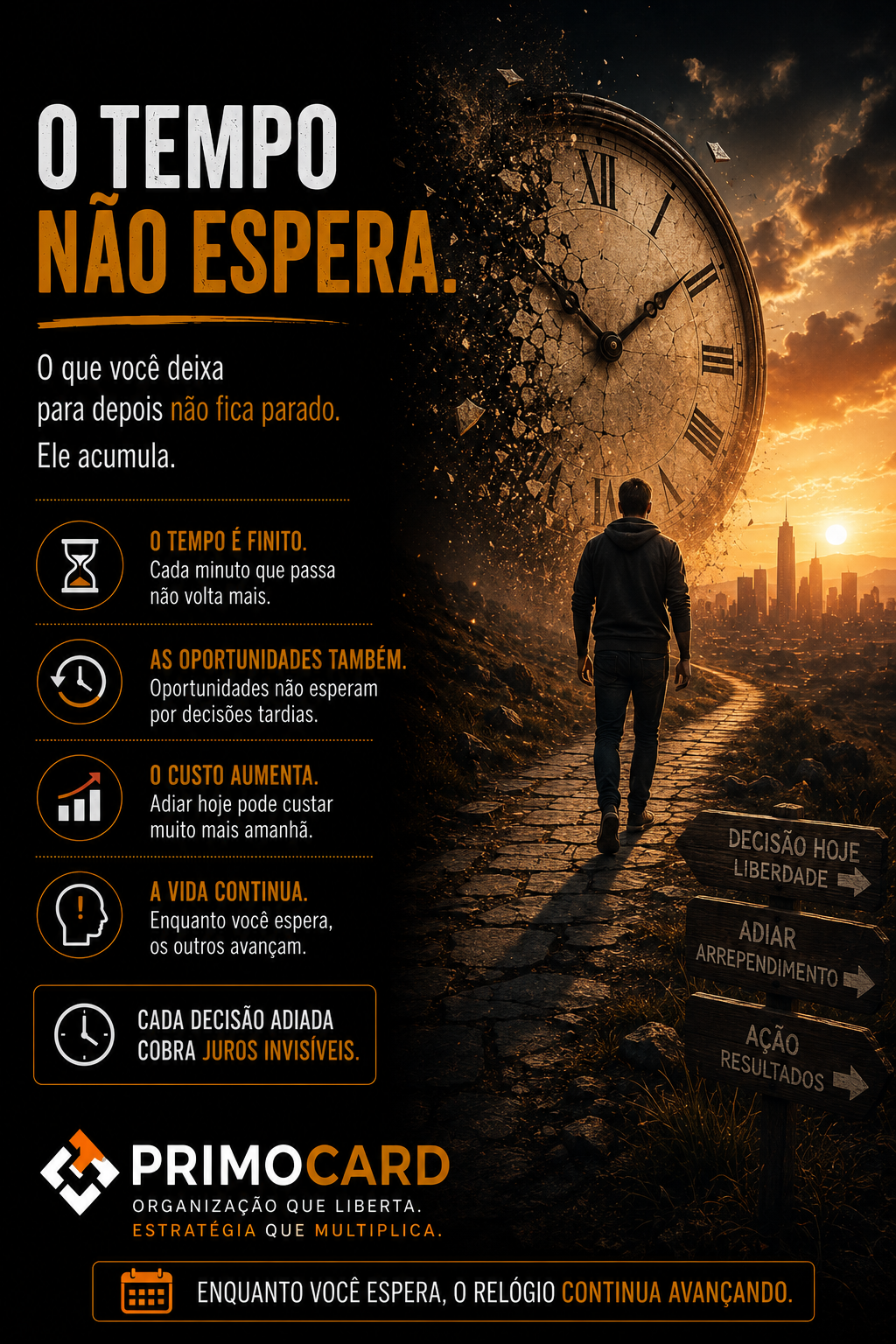 Pessoa caminhando diante de um grande relógio representando o tempo e as decisões.
