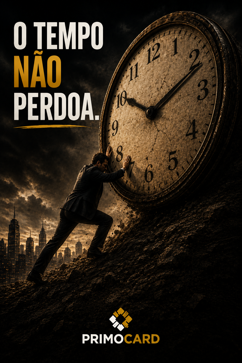 Empresário empurrando um grande relógio simbolizando pressão do tempo e urgência na execução.
