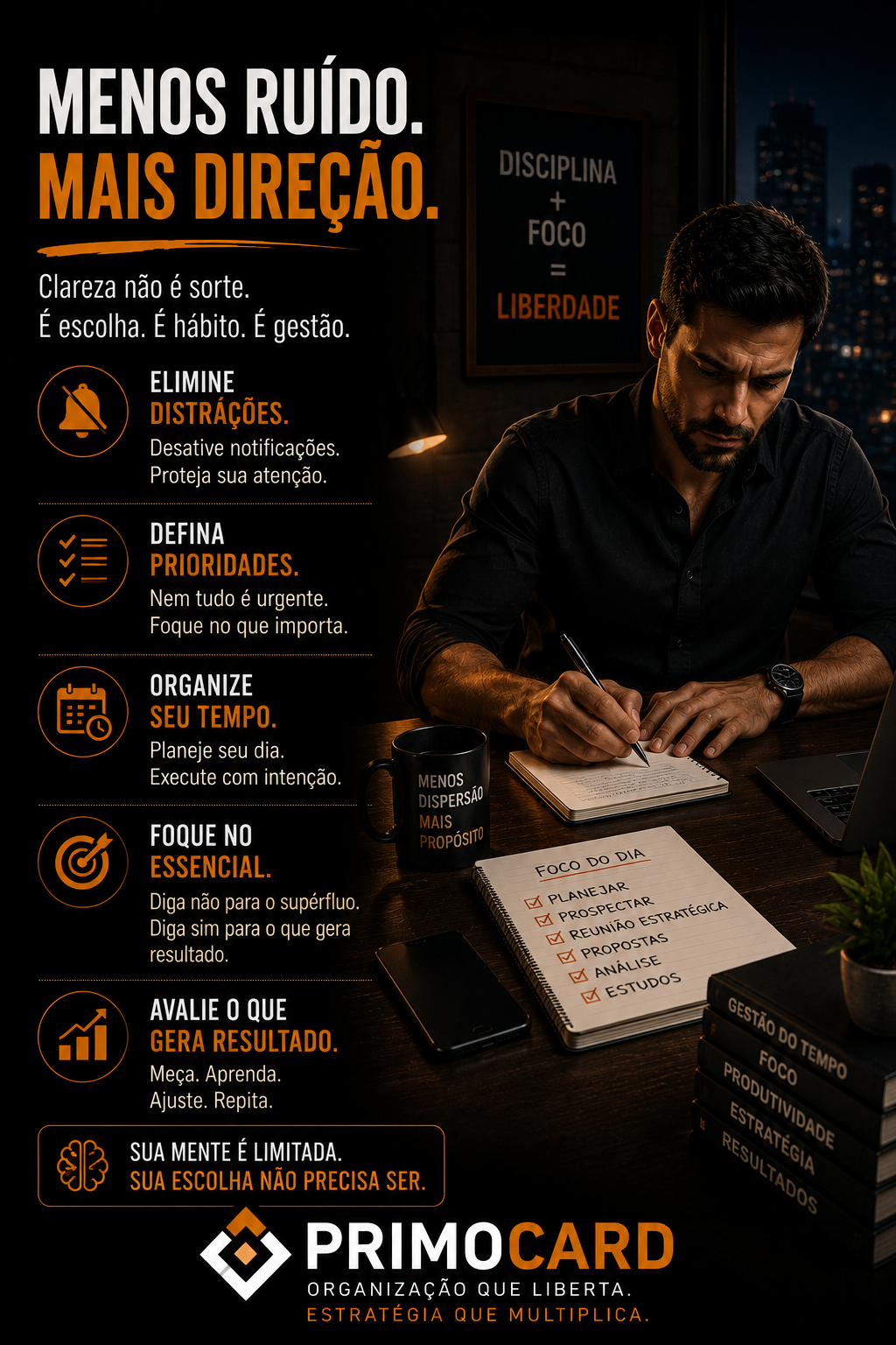 Empresário planejando o dia em ambiente organizado.