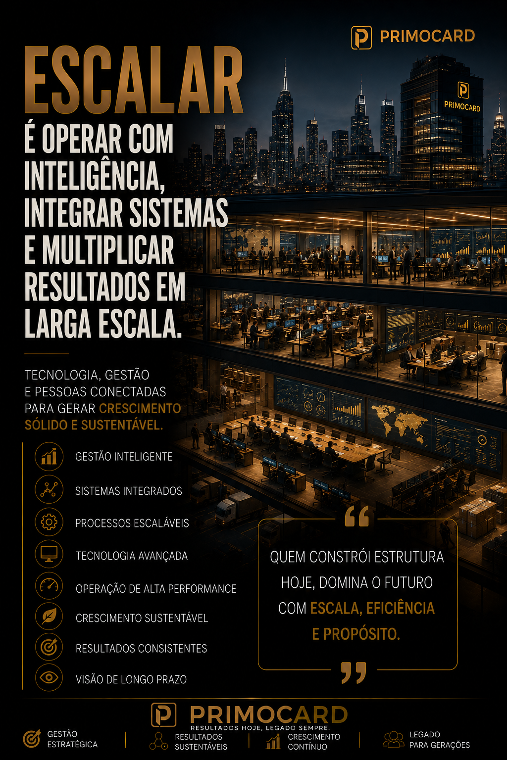Centro operacional moderno simbolizando crescimento em larga escala.