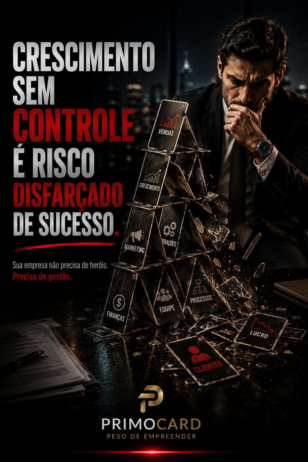 Castelo de cartas representando áreas da empresa em risco por falta de gestão.