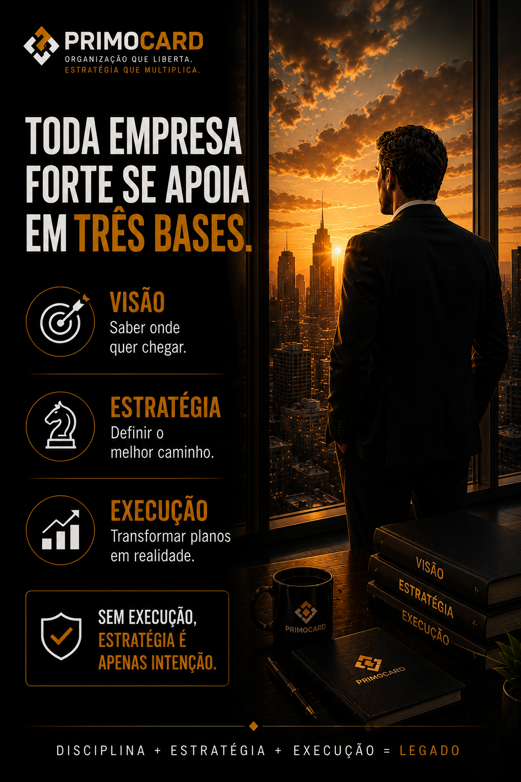 Empresário observando a cidade ao pôr do sol simbolizando visão estratégica.