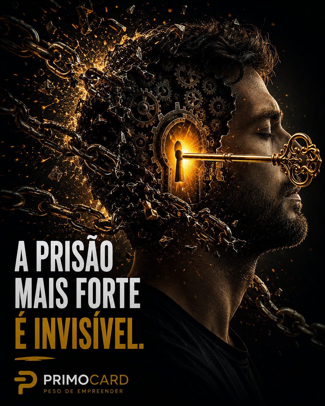 Homem cercado por correntes rompidas e uma chave dourada simbolizando libertação mental e evolução estratégica.