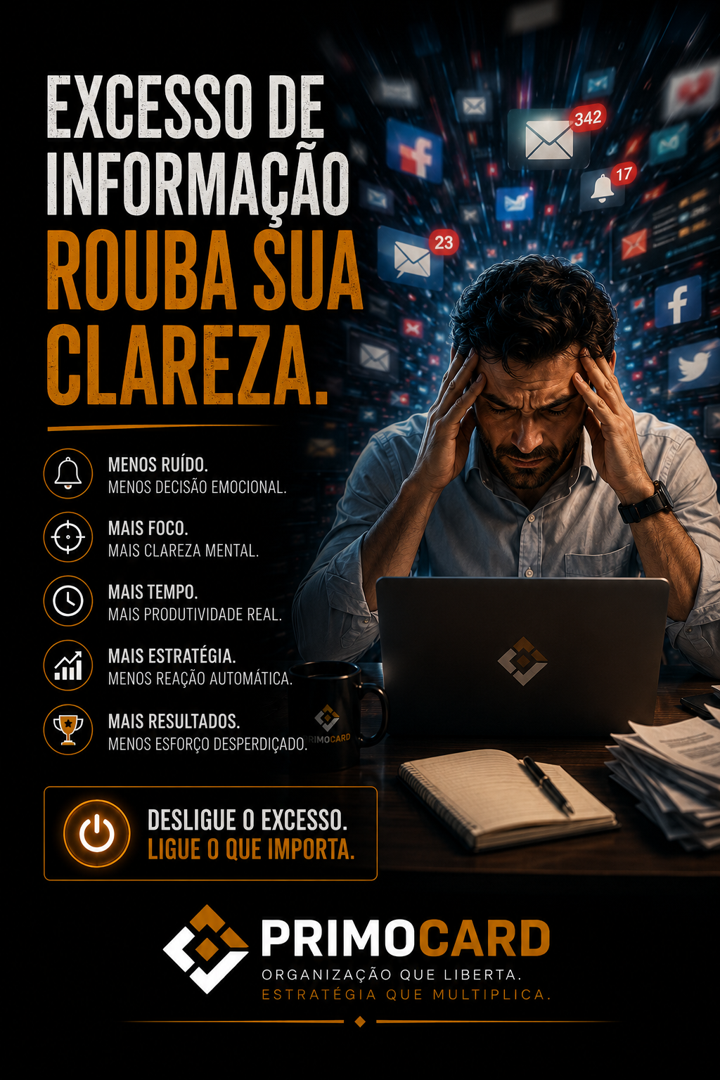 Empresário sobrecarregado por notificações e informações digitais.