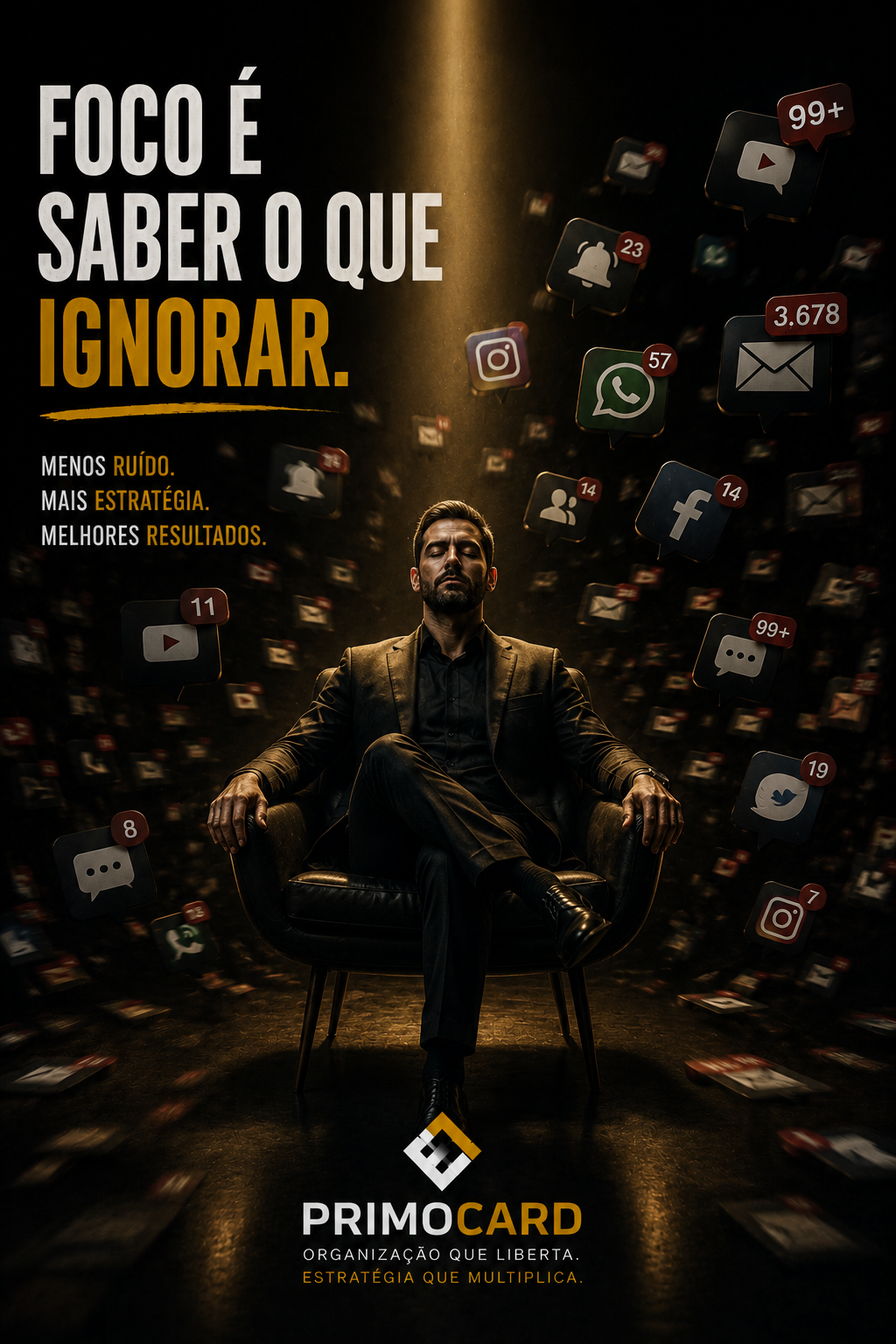 Empresário concentrado enquanto notificações digitais flutuam ao redor.