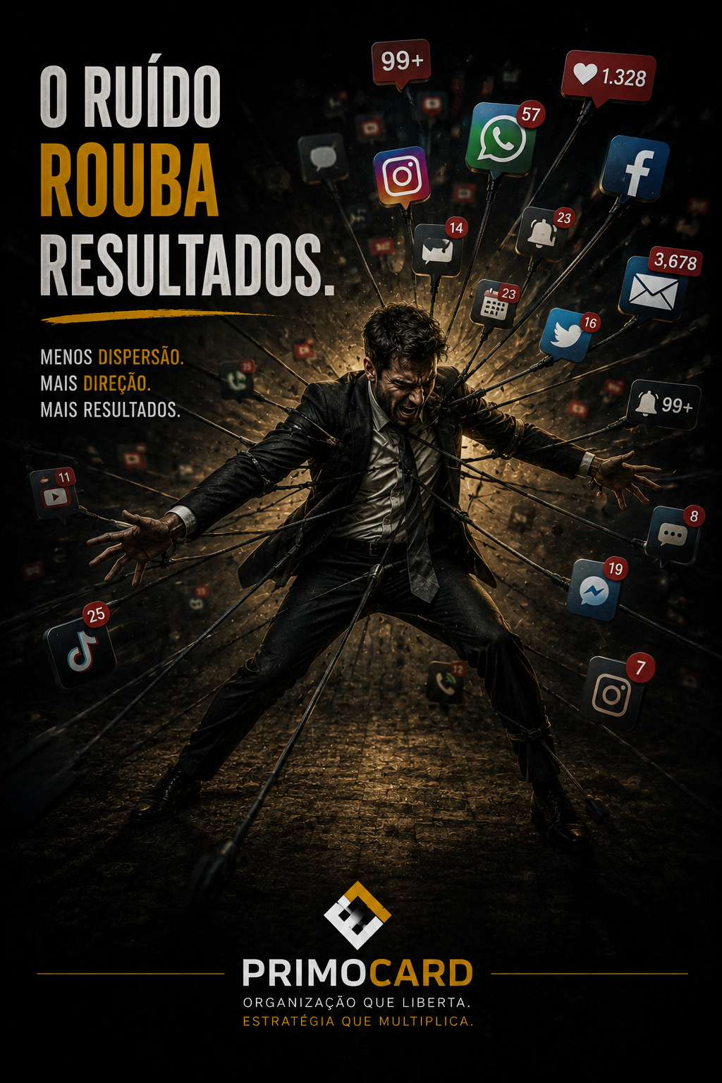 Empresário cercado por notificações e redes sociais representando sobrecarga de informações.