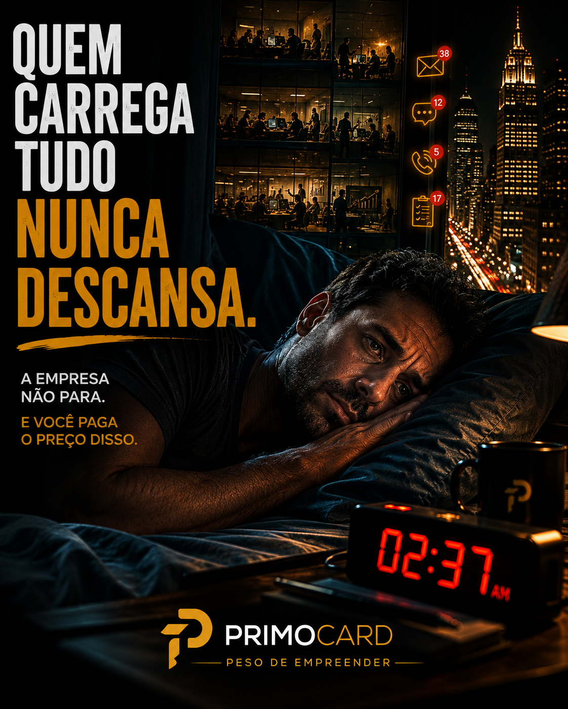 Empresário sem conseguir descansar devido à sobrecarga operacional.