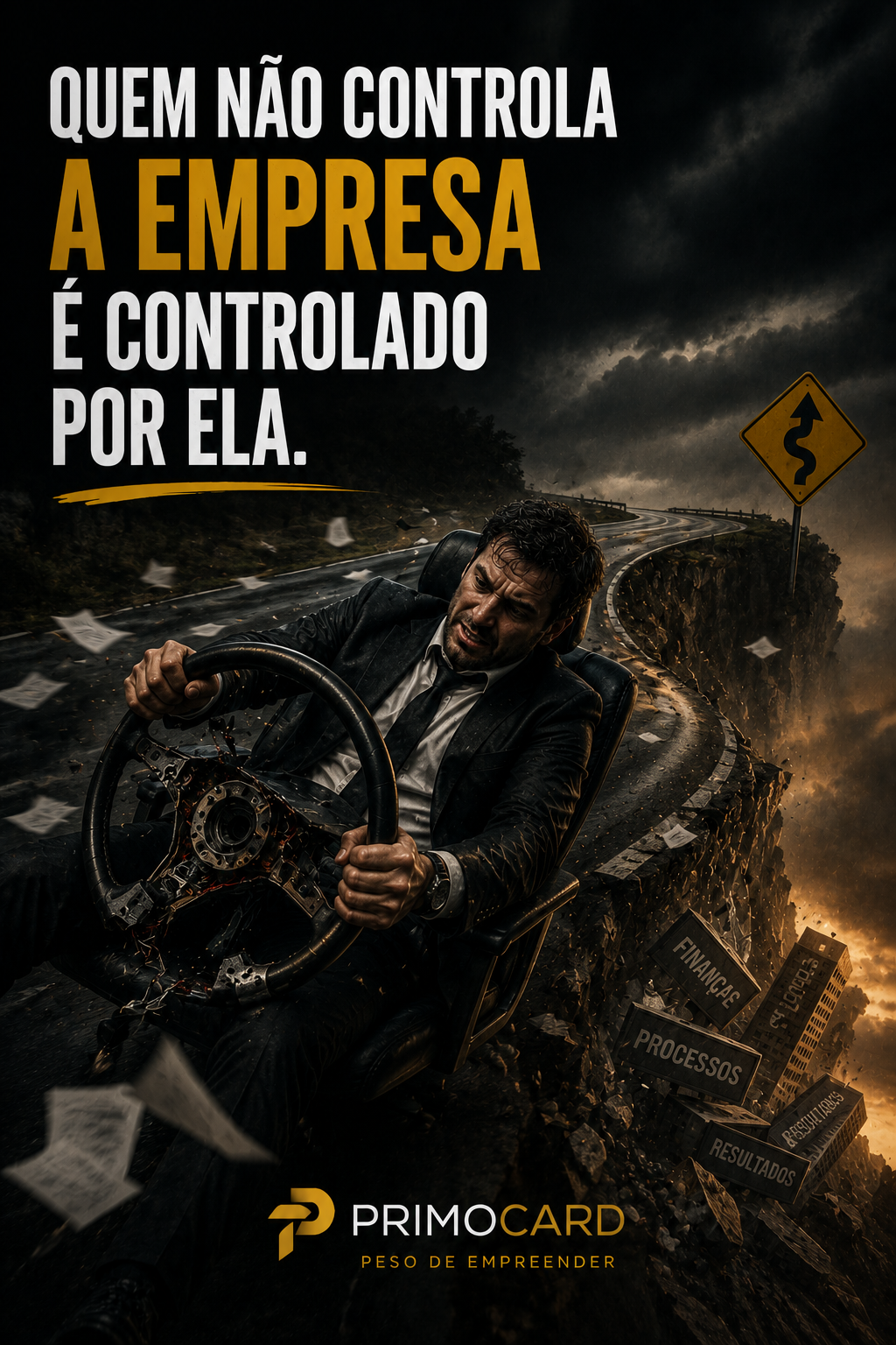 Empresário tentando controlar um volante em uma estrada perigosa.