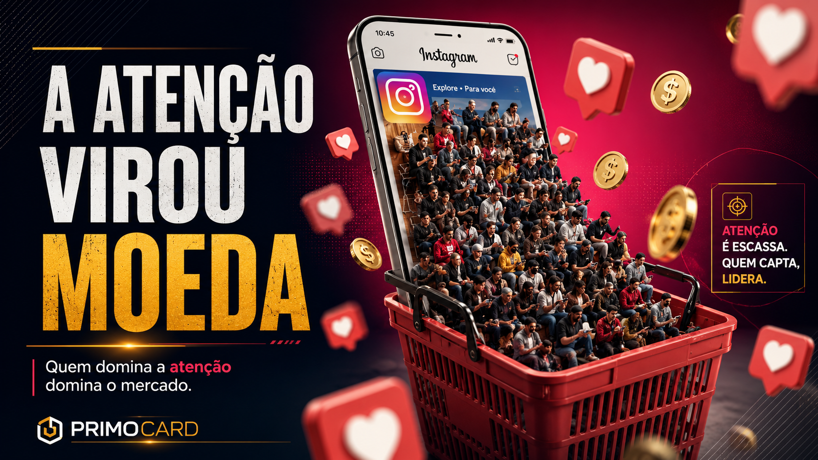 Smartphone despejando pessoas em um carrinho de compras representando a economia da atencao nas redes sociais.