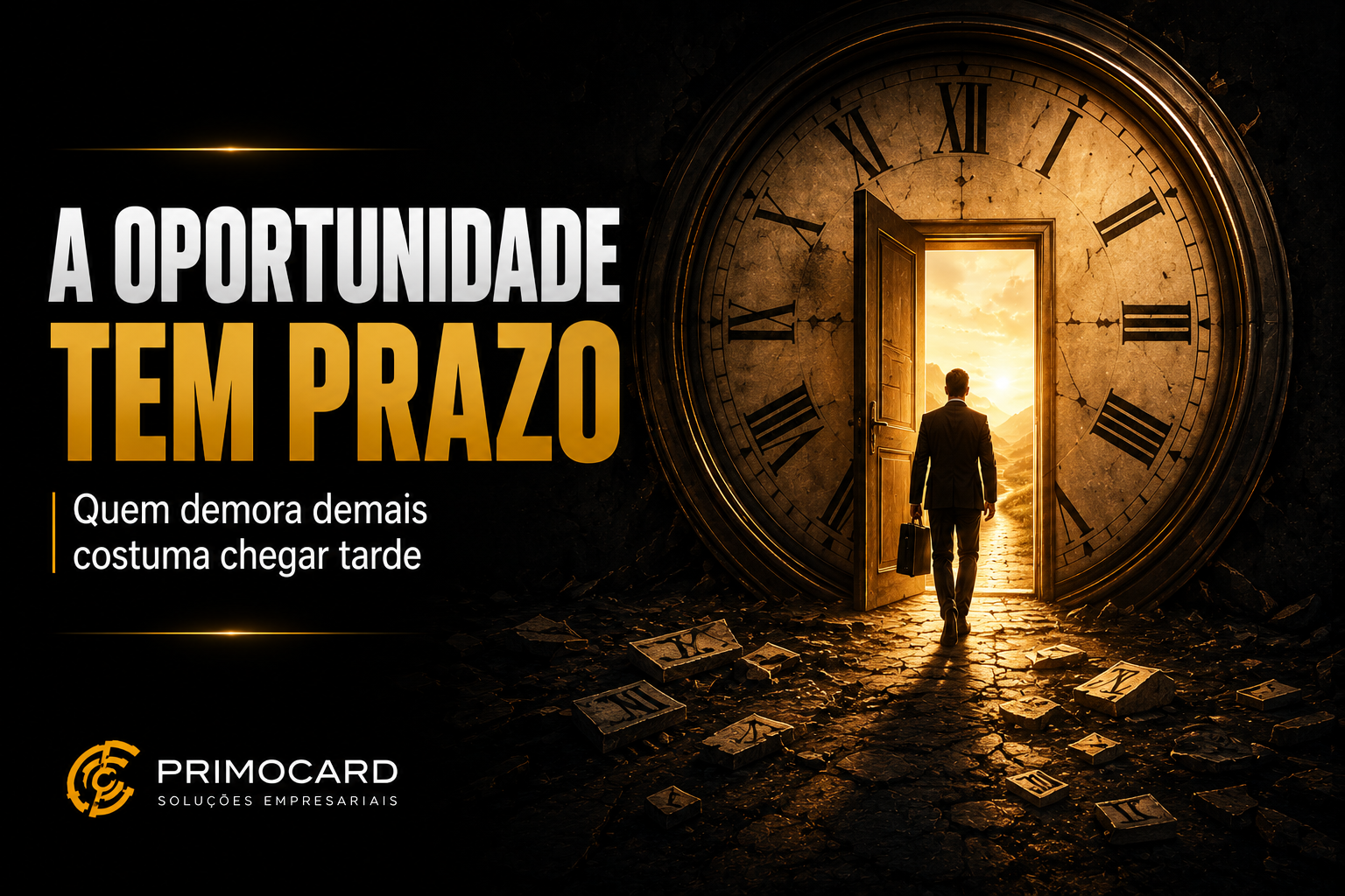 Empresario atravessando uma porta iluminada dentro de um grande relogio antigo.