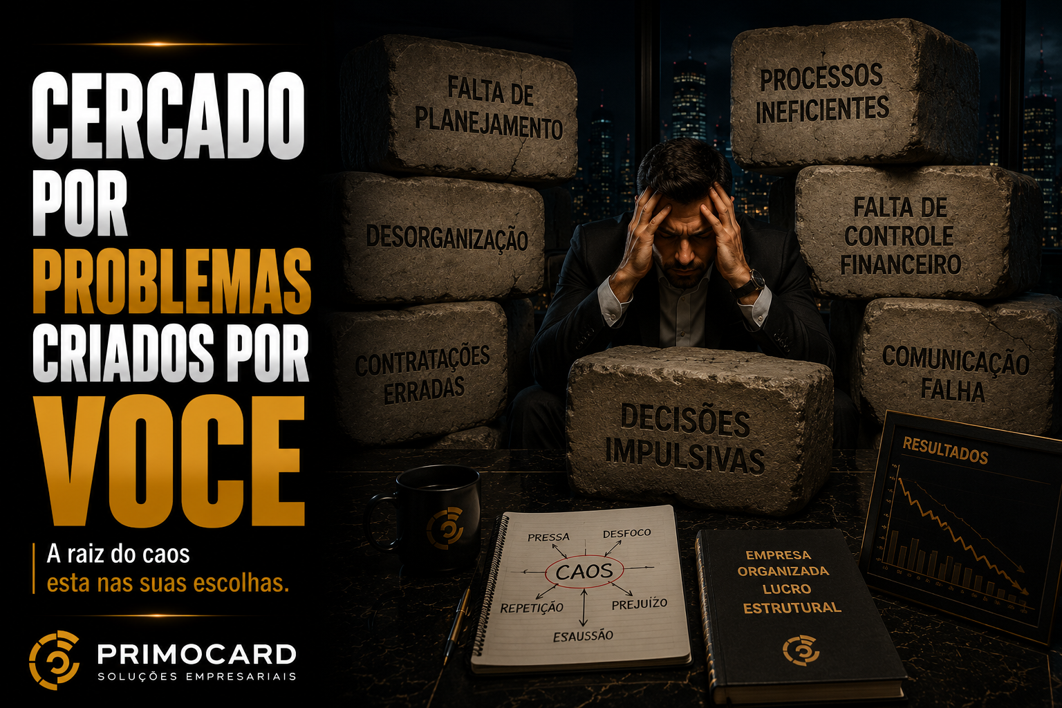 Empresario cercado por blocos representando problemas de gestao.