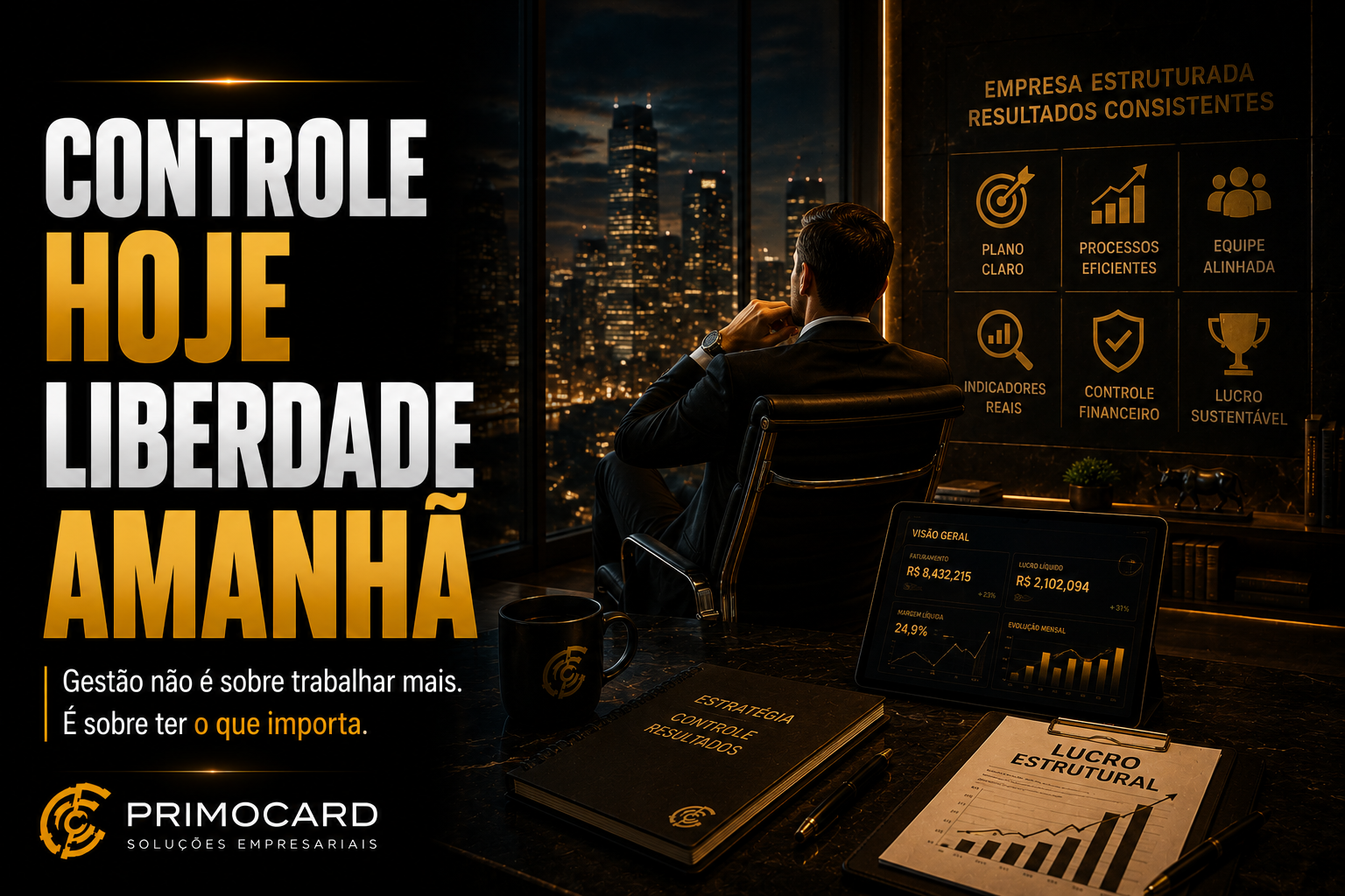 Empresario observando indicadores estrategicos em escritorio moderno durante a noite.