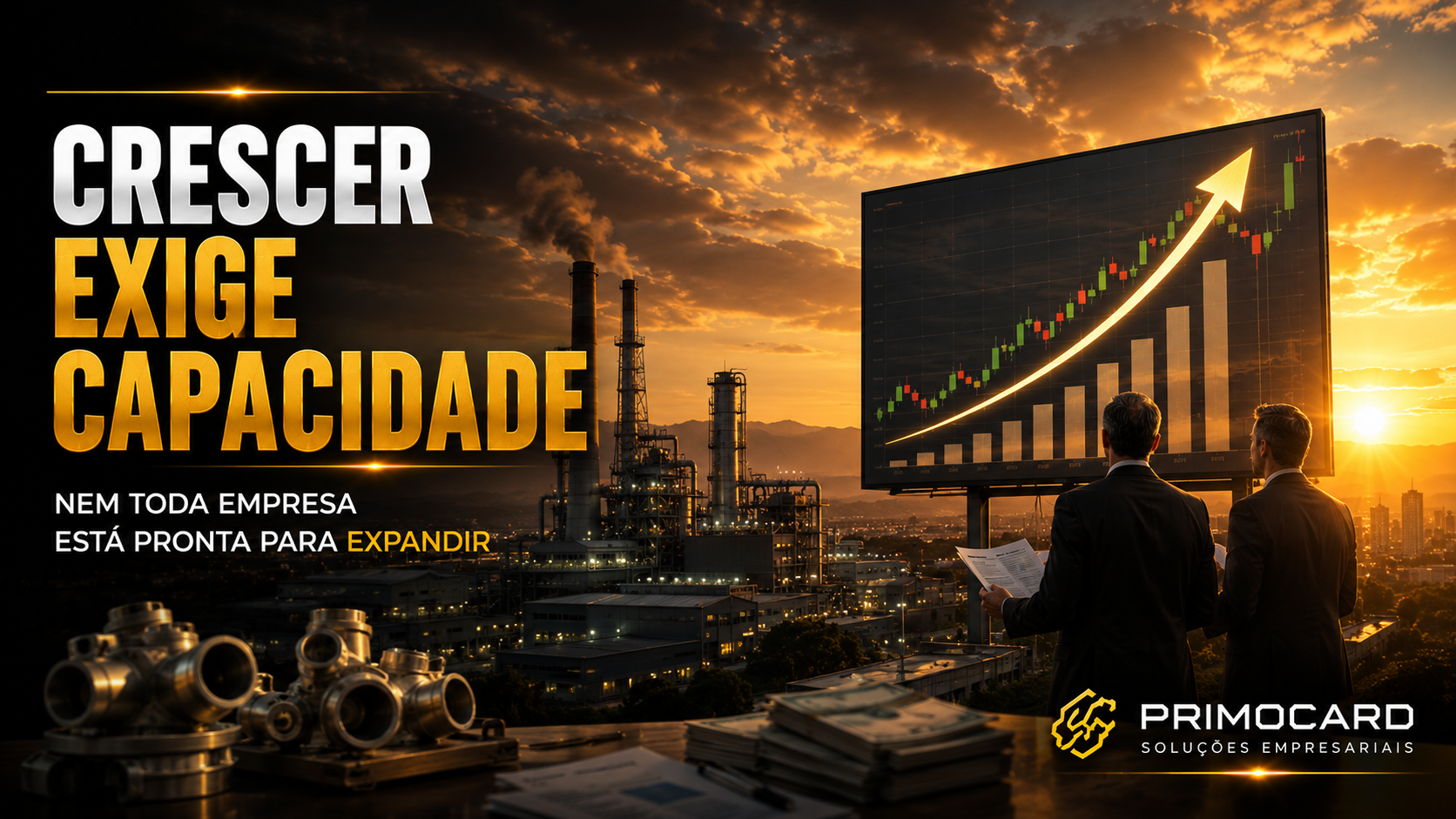 Executivos analisando indicadores de crescimento diante de um grande painel financeiro industrial.