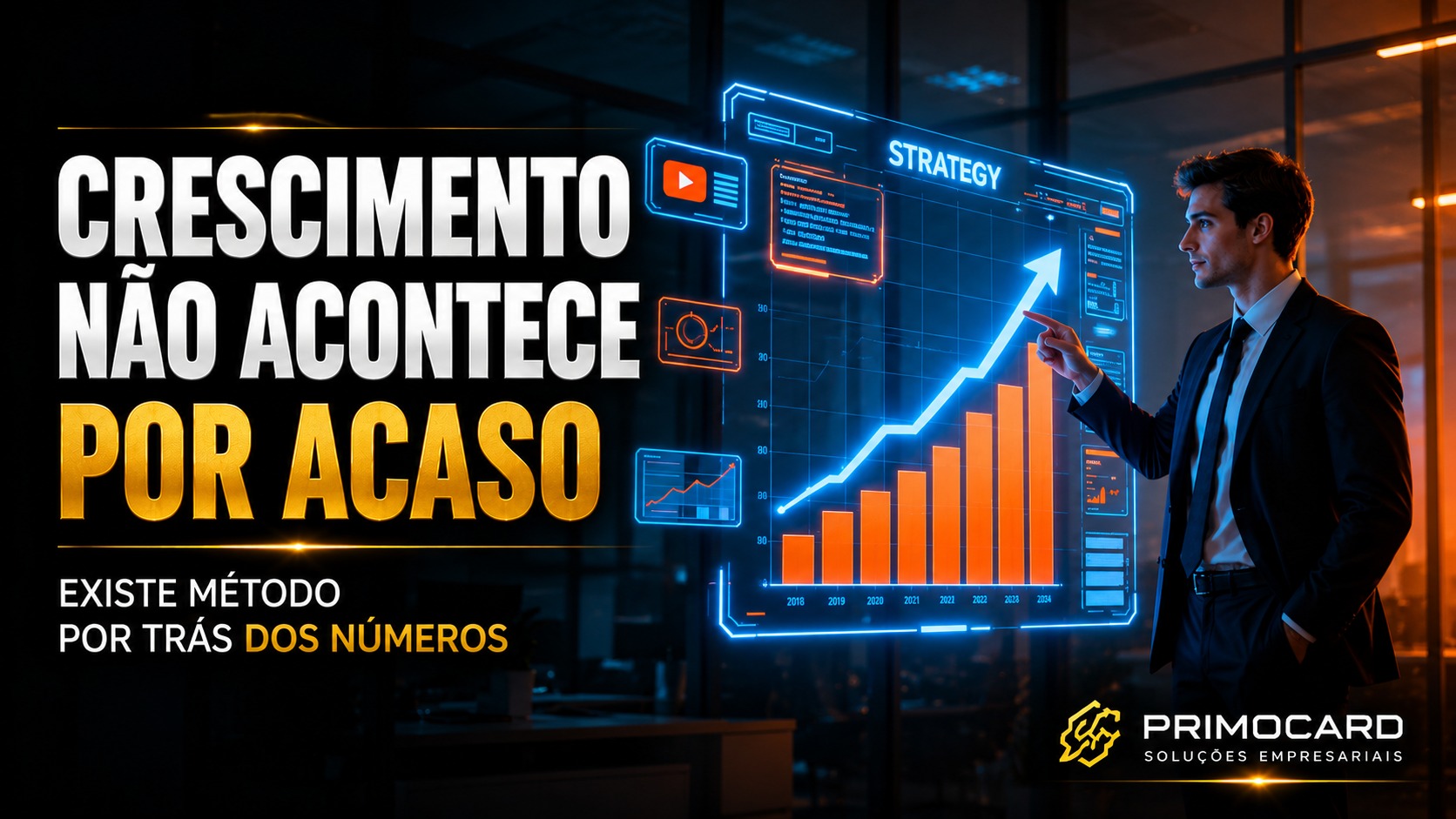 Executivo analisando painel de indicadores e graficos de crescimento empresarial mostrando a importancia dos dados e da estrategia.