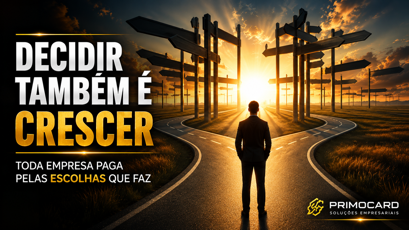 Empresario diante de diversos caminhos simbolizando escolhas estrategicas que impactam o crescimento da empresa.