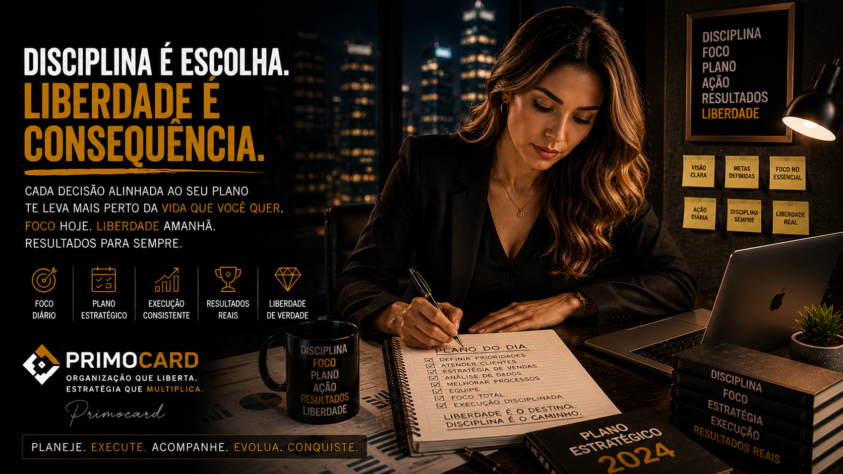 Empreendedora trabalhando em planejamento estrategico representando disciplina, foco e liberdade empresarial.