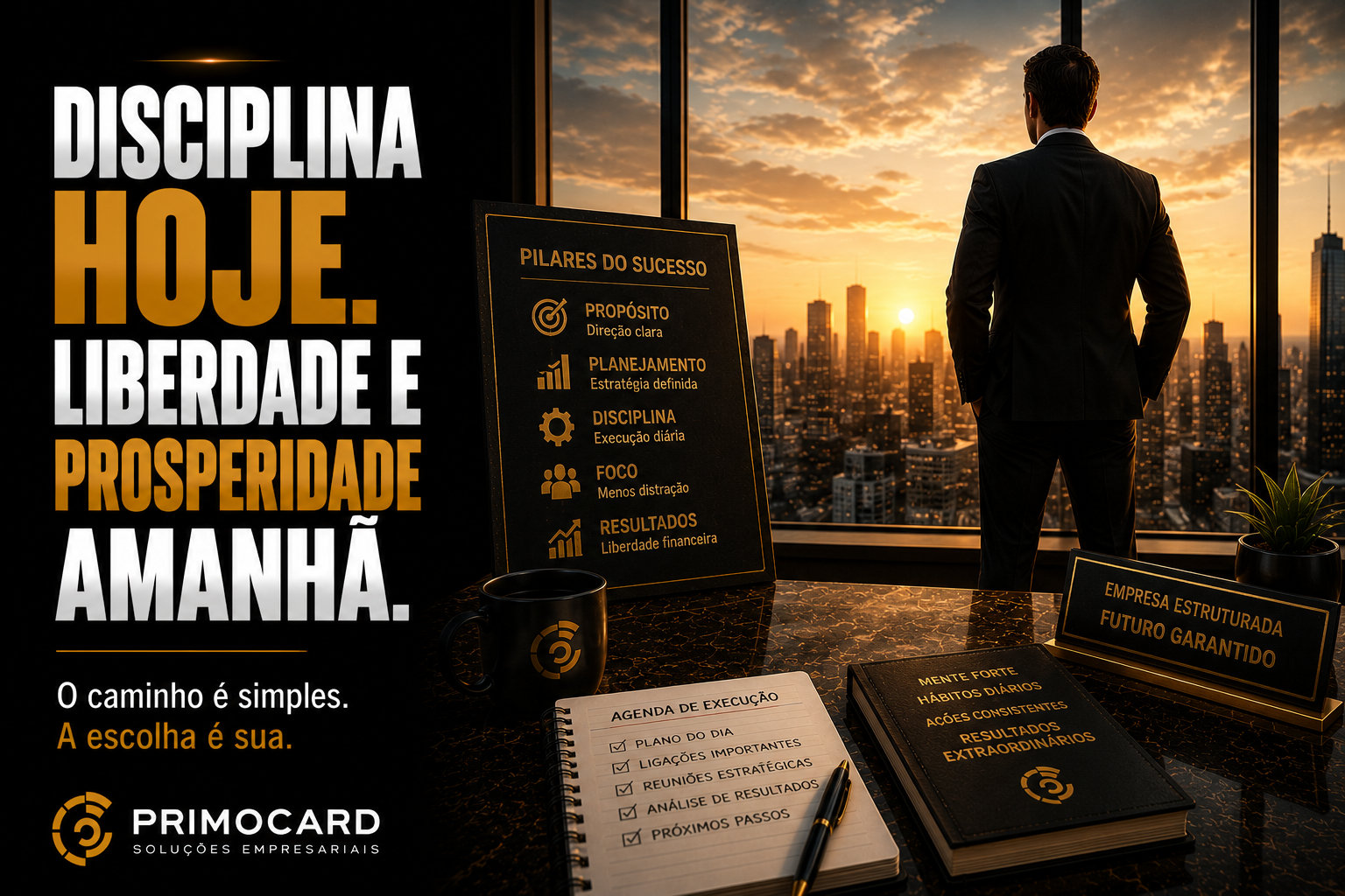 Empresario observando a cidade ao amanhecer simbolizando disciplina, planejamento e crescimento empresarial.