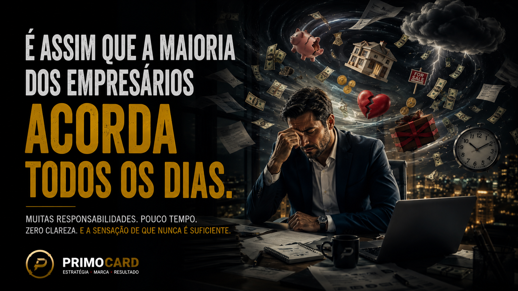 Empresario sobrecarregado cercado por preocupacoes financeiras e operacionais.
